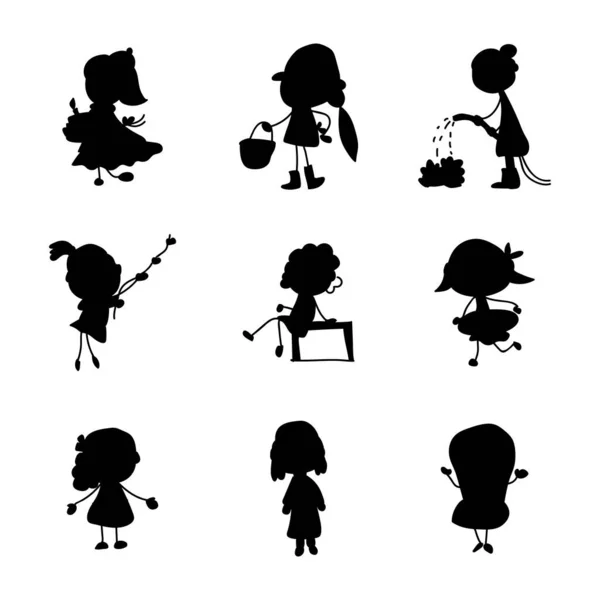 Dessin Main Abstrait Silhouette Dessin Animé Enfants Dans Différentes Posture — Image vectorielle