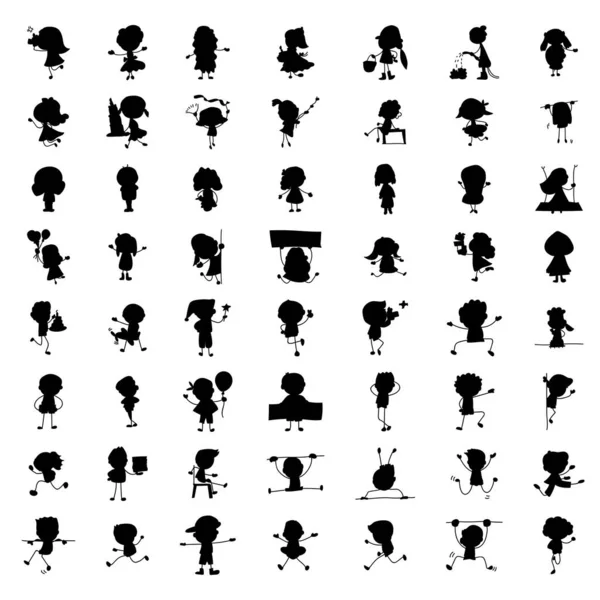 Hand Tekenen Abstracte Cartoon Silhouet Kinderen Verschillende Houding Vector Illustratie — Stockvector