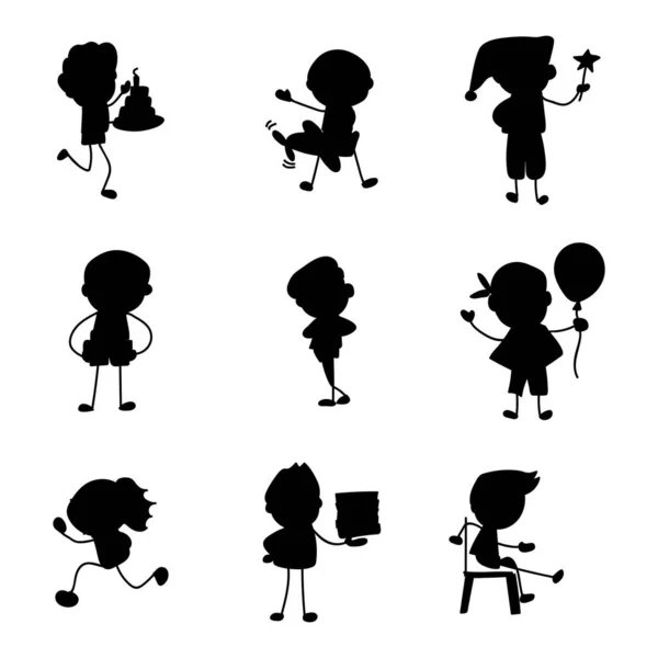 Dessin Main Abstrait Silhouette Dessin Animé Enfants Dans Différentes Posture — Image vectorielle