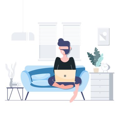 Evden çalışmak, karantinada kalmak, sosyal uzaklık kavramı. Covid-19 koronavirüs salgınını durdurun. Dijital dönüşüm. Düz karakter insanları soyut sağlık hizmetleri ve tıbbi vektör.