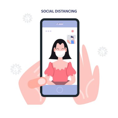 Sosyal uzaklık karantina konsepti. Maske takan insanlar Covid-19 'la dövüşürken koronavirüsü korurlar. Mobil vdo çağrısı. Evden işe gidiyorum. Çevrimiçi iletişim. Dijital dönüşüm teknolojisi. Düz karakterli soyut insanlar. Sağlık ve tıbbi vektör.