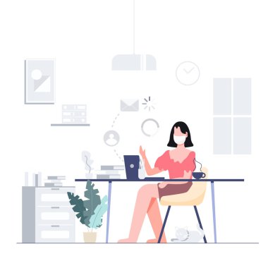 Evde kalıp, iş için telekonferans yapacağım. Maske takan insanlar. Covid-19 koronavirüs salgını konsepti. Düz tasarım soyut insanlar EPS10 vektörü.