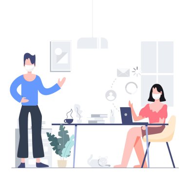 Telekonferans kilitlendi. Evde çalış, evde kal. Maske takan insanlar. Covid-19 koronavirüs salgını konsepti. Düz tasarım soyut insanlar EPS10 vektörü.