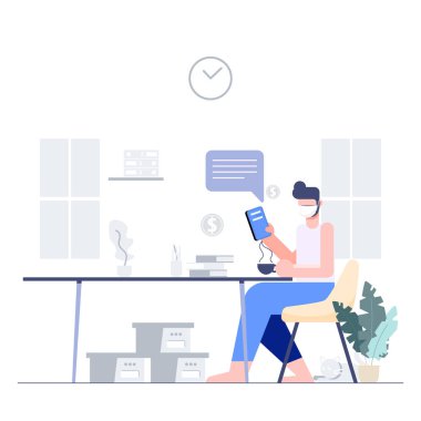 Sosyal uzaklık kavramı. İnsanlar maske takıyor, Covid-19 giyip evden çalışıyorlar. Dijital dönüşüm. Corona virüsü salgını. Düz karakterli soyut insanlar. Sağlık ve sağlık. Vektör illüstrasyonu.