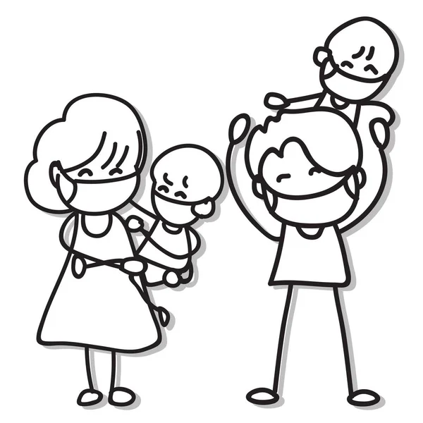 Dibujo Mano Personajes Dibujos Animados Personas Familia Usan Máscara Protección — Vector de stock