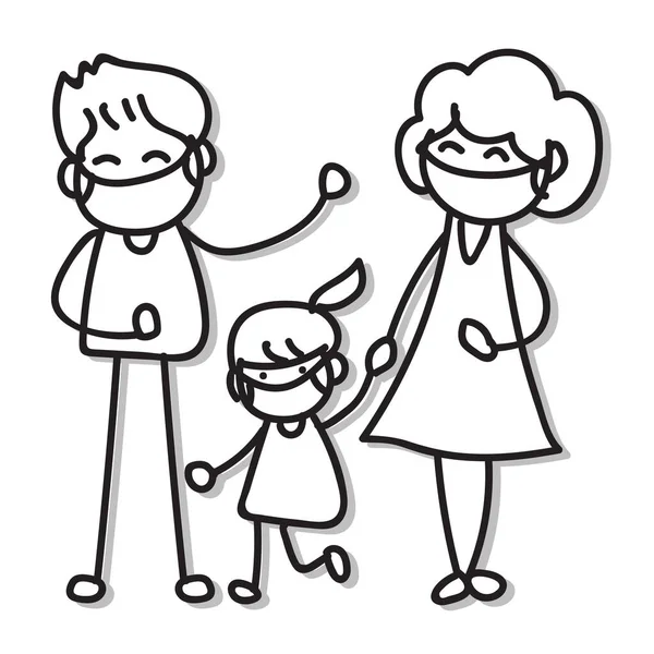 Handritning Tecknad Karaktär Människor Familjen Bära Mask Skydd Från Covid — Stock vektor