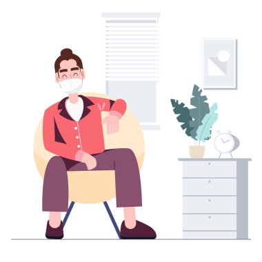 Maskeli adam ev karantinasından sonra evde kalıyor. Coronavirus covid-19 salgını. Sağlık ve tıbbi düz karakter soyut insan vektörü.