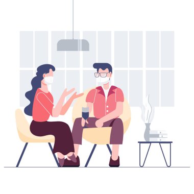 Coronavirus covid-19 salgını sırasında cerrahi maske takan bir grup insan toplanıyor. Sosyal uzaklık kavramı. Sağlık ve tıbbi düz karakter vektörü.