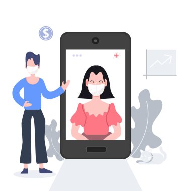 Evde kalıp, iş için telekonferans yapıyorum. Covid-19 koronavirüs salgını maskesi takan insanlar. Düz karakter sağlık bakımı ve tıbbi vektör.