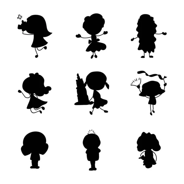 Dessin Main Abstrait Silhouette Dessin Animé Enfants Dans Différentes Posture — Image vectorielle