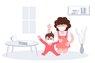 Anneler günün kutlu olsun. Anne, maskeli çocukla oynuyor. Evde oturuyor. Oturma odasında öğretmenlik yapıyor. Coronavirus salgını covid-19 salgını. Sağlık ve tıbbi düz karakter soyut insan vektörü.