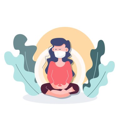 İnsanlar Covid-19 Coronavirus salgını sırasında evlerinde maske takarak meditasyon yapıyorlar. düz karakter tasarımı soyut insanlar. Sağlık ve tıbbi vektör.