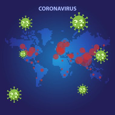 Dünya haritası Coronavirus covid-19 salgını soyut vektör mavi ton arka planı. Sağlık ve ilaç krizi