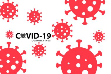 Covid-19 koronavirüs salgını pankartı. Beyaz arka planda kırmızı virüs. Ev karantinasında kalın. Sağlık ve tıbbi vektör.