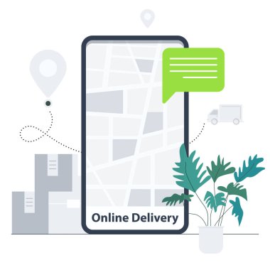 Çevrimiçi dağıtım kavramı. Covid-19 Coronavirus salgını sırasında mobil teknoloji dijital dönüşüm. Düz dizayn karakteri. İş, sağlık ve tıbbi vektör