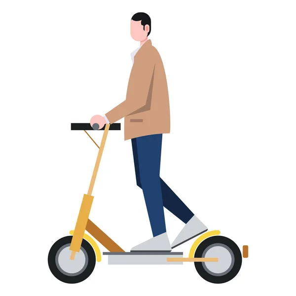Homme Célibataire Costume Brun Équitation Scooter Ville Isolé Vecteur Caractère — Image vectorielle