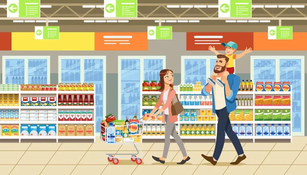 Familieneinkauf im Supermarkt mit Warenkorb. lustige Zeichentrickfiguren. Eltern und Kind im Geschäft — Stockvektor