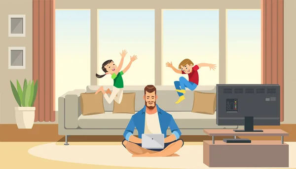 Les enfants jouent et sautent derrière le père d'entreprise. Équilibre entre vie professionnelle et personnages de dessins animés . — Image vectorielle