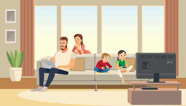 Семья дома. Мать заботится об отце. дети играют в игровую приставку. Персонажи векторных мультфильмов
.