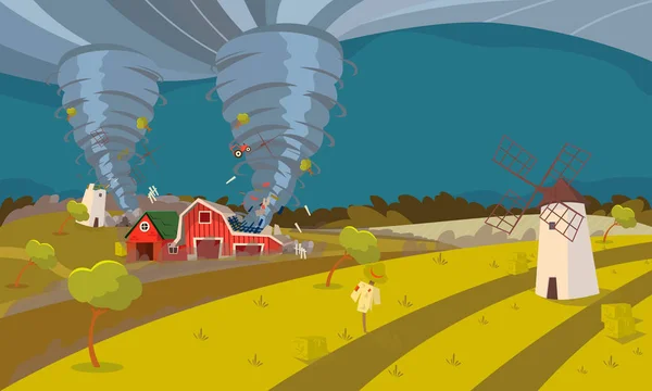 Tornade Détruire ferme Ouragan Paysage — Image vectorielle