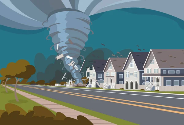 Tornado remolino en pueblo destruye casas — Archivo Imágenes Vectoriales