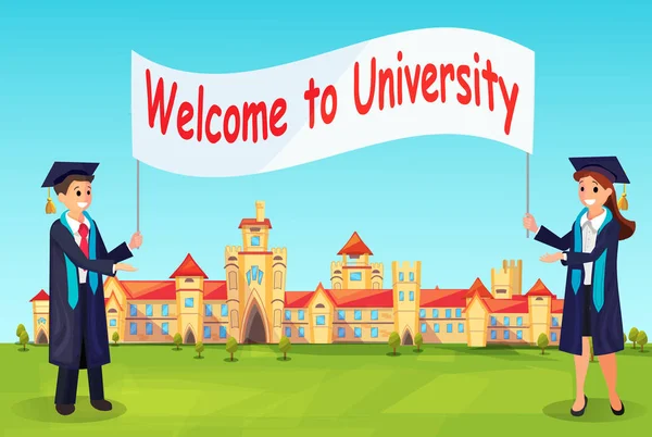 Bem-vindo à Universidade. Vector Charaters em vestidos . — Vetor de Stock