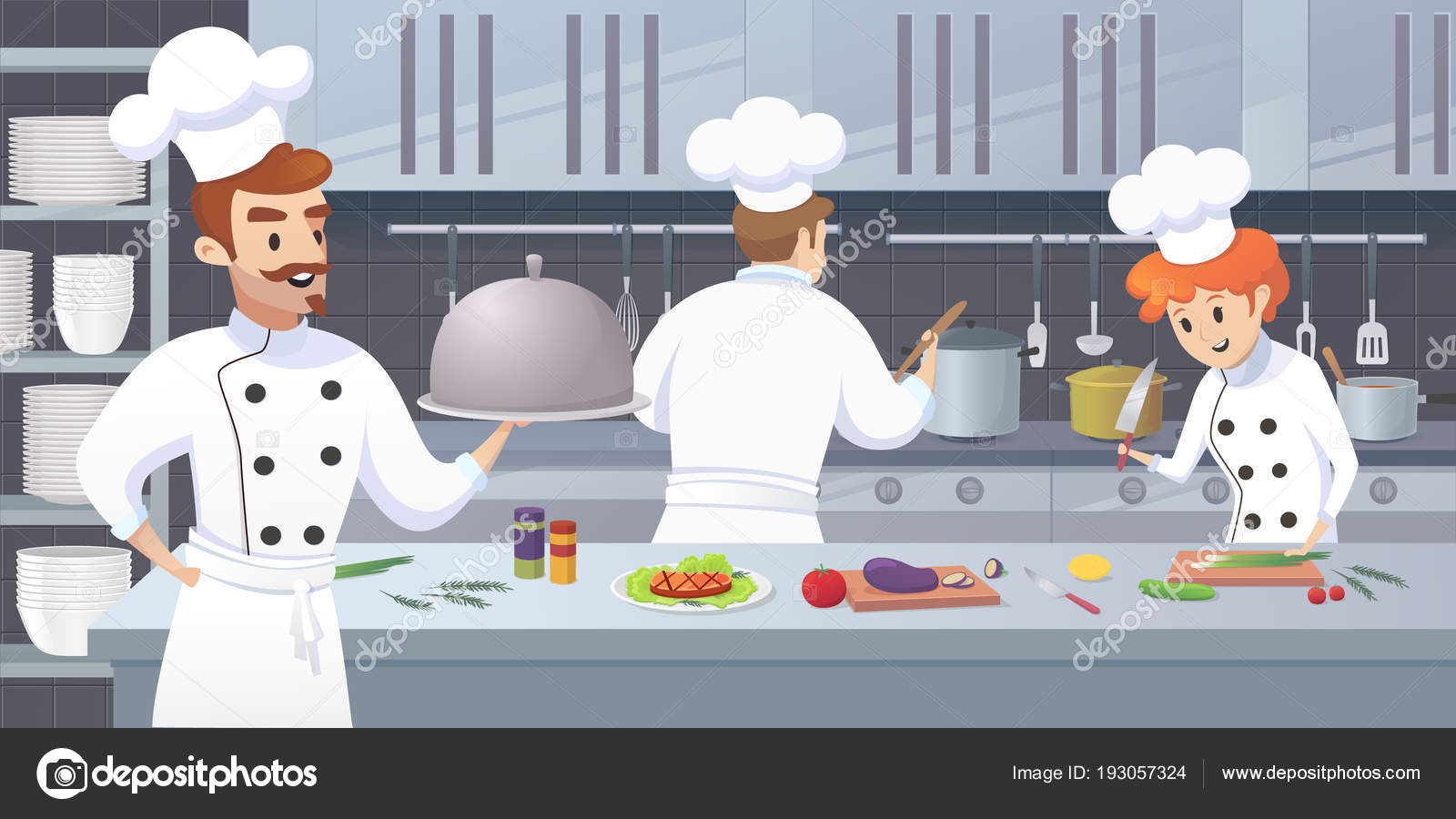 Commercial Kitchen with Cartoon Characters Chef — Stock Vector
