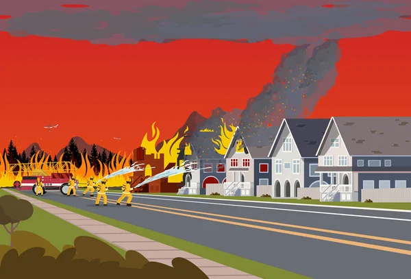 Tűzoltók oltsa el a város. Koncepció erdőtűz. — Stock Vector