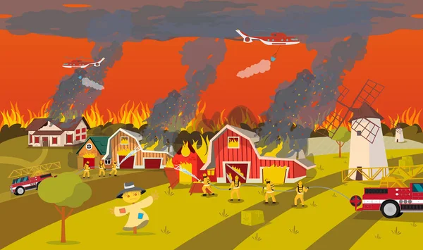 Bomberos Extinguish Farm. Concepto de incendio forestal . — Vector de stock