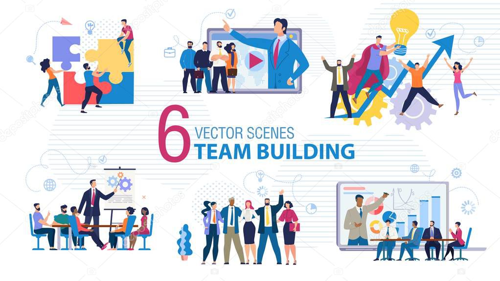 Business Team Building Flat Vector Scenes Set