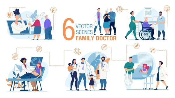 Familia médico trabajo de moda plana vectores escenas conjunto — Vector de stock