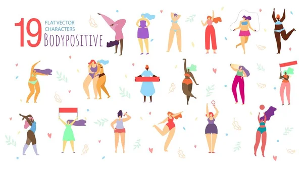Körper positive Frauen Zeichen flache Vektor-Set — Stockvektor