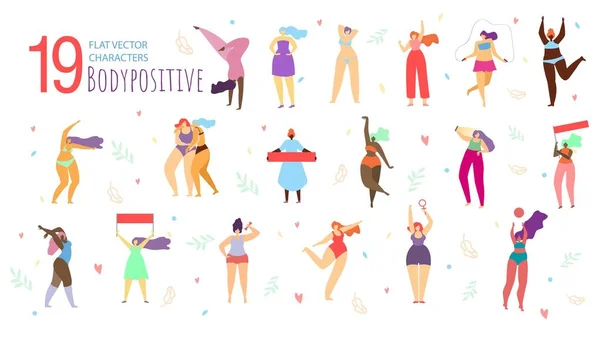 Body Positive Women Characters Flat Vector Set — Stock Vector