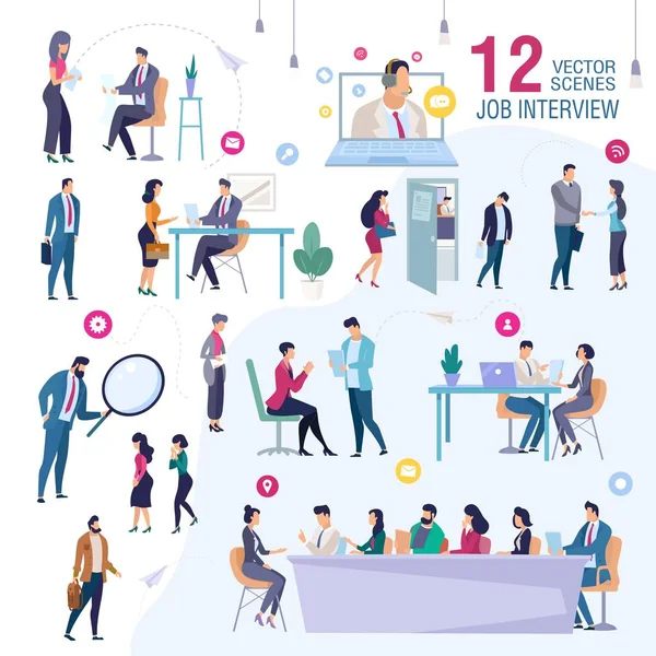 Job Interview in Company Office Vector Scenes Set — Stock Vector
