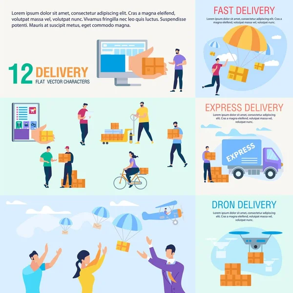 Express Delivery Service Flat Vector Banery zestaw — Wektor stockowy