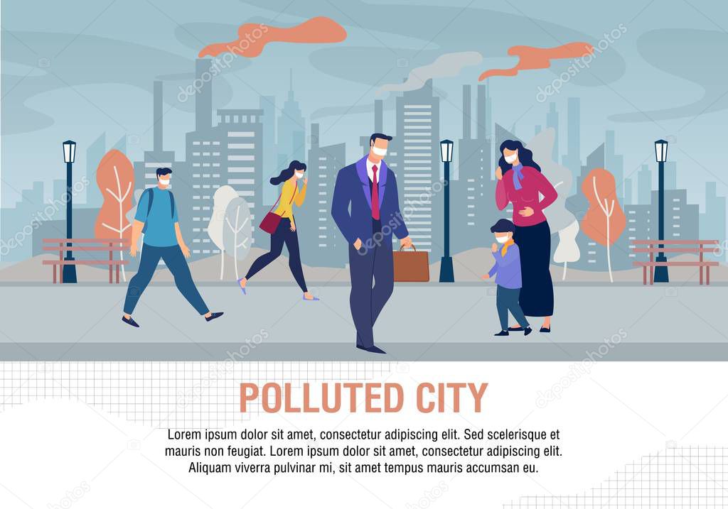 Sad People in Polluted City Flat Warning Banner