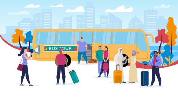 Traveling with Bus Tours Flat Vector Concept