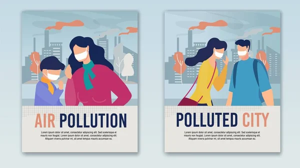 Stad Luchtverontreiniging Probleem Cartoon Banner Set — Stockvector