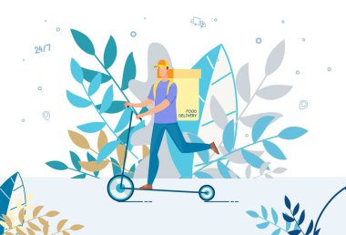 Kurye, Electric Scooter 'la yiyecek sepetini getiriyor.
