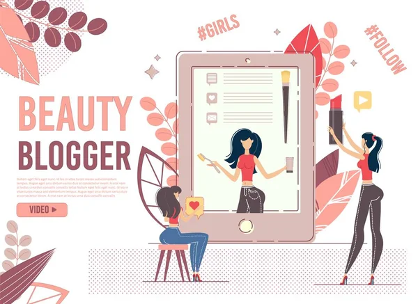 年轻女性用户在设备上观看美容美发博客 — 图库矢量图片