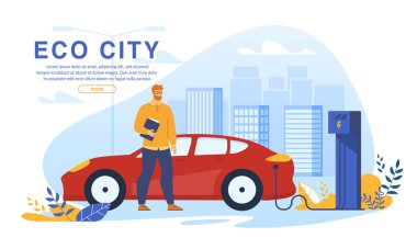 İstasyonda Ekoloji Elektrikli Otomobili Dolduran Adam