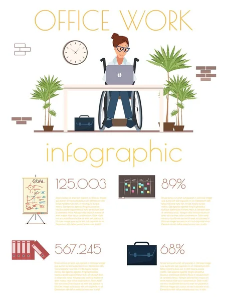 Infografías de vectores de trabajo de oficina de mujer discapacitada — Vector de stock