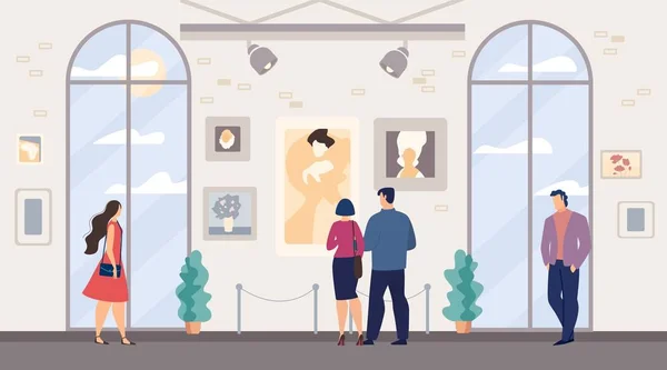 Hommes et femmes, Couple familial visitant le Musée d'art — Image vectorielle