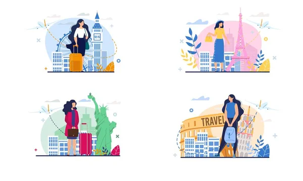 Conjunto de viajes para viajes de negocios, vacaciones, viajes — Archivo Imágenes Vectoriales