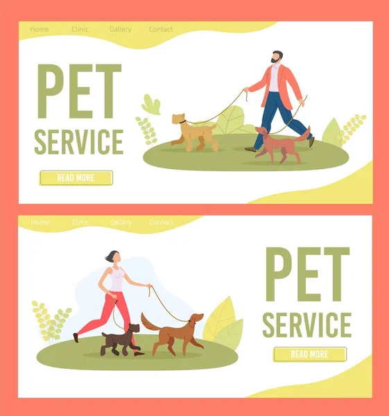 Dog Walker, Pet Service Flat Vector Web Banners — Stockový vektor