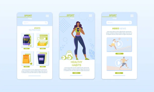 Healthy Food, Fitness, Sport, Diet Mobile App Set — 스톡 벡터
