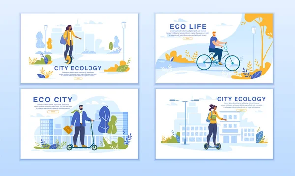 City Dwellers Riding Eco Transport Banner Set — Stock Vector