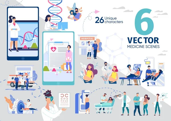 Cuidados de saúde tecnologias modernas conjunto de cenas vetoriais —  Vetores de Stock