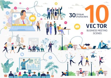 Business Company Ekibi Çalışma Düz Vektör Sahneleri Ayarlandı