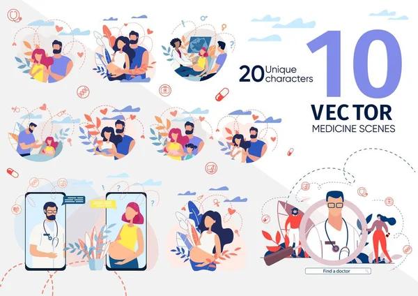 Conjunto de iconos de vectores planos de embarazo saludable y feliz — Vector de stock